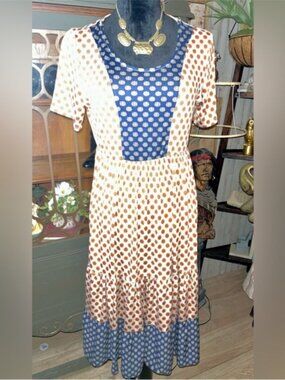 Blue and Cream Polka Dot Short-Sleeve Midi Dress